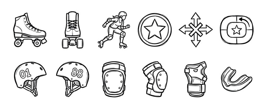 Collection of black line art roller derby icons showing essential gear like quad skates, helmets, protective pads, and a mouth guard, illustrated in a simple doodle style