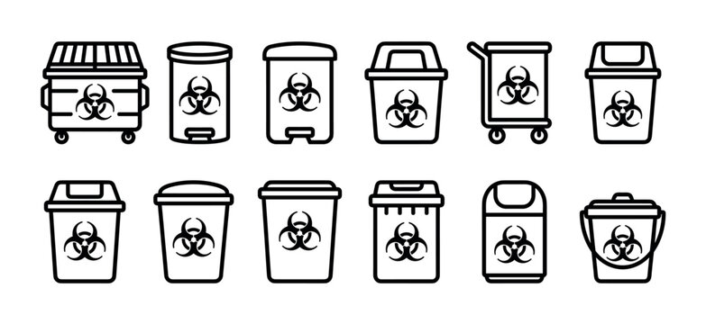 Biohazard waste container line icon set featuring various bins, dumpsters, and buckets with a danger symbol for medical or laboratory hazardous material disposal