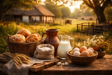 Rustic Farm Breakfast With Fresh Bread, Milk and Eggs on Countryside Table