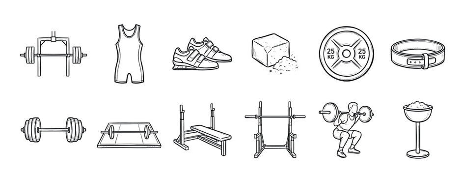 Set of powerlifting and weightlifting equipment icons in a hand-drawn doodle style, including a barbell, squat rack, dumbbell, weight plate, chalk, and athlete