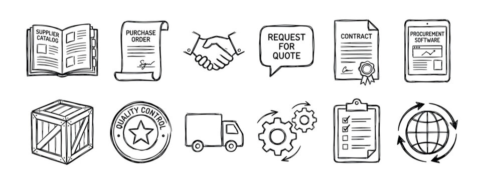 Set of hand-drawn procurement and logistics icons in a doodle style, illustrating supply chain concepts like purchase orders, contracts, quality control, and global delivery