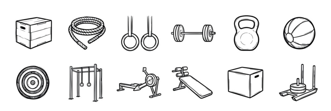 Set of hand-drawn gym equipment icons for functional fitness and cross-training workouts, including a kettlebell, barbell, plyo box, and rowing machine in a sketch style