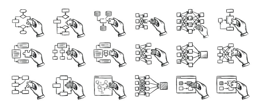 Set of hand-drawn sketch icons showing a hand placing a puzzle piece into various diagrams like flowcharts, neural networks, and user interfaces, symbolizing problem-solving