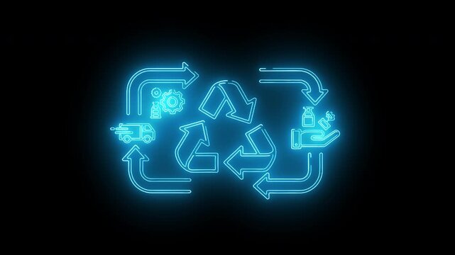 Neon blue recycling symbol with arrows on a black background, conveying eco-friendly and sustainable practices.