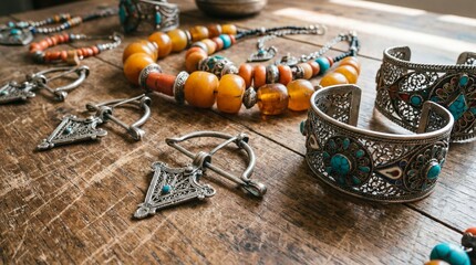 Collection of ornate vintage Berber jewelry featuring silver cuffs amber beads and traditional fibula brooches displayed on rustic wood