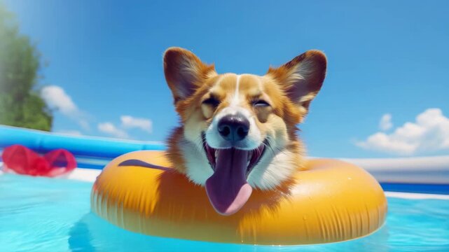 Corgi Dog Floating in Swimming Pool on Inflatable Ring