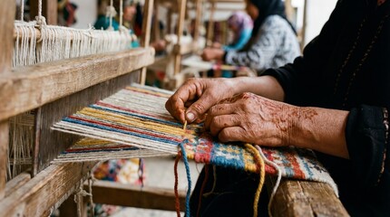 Close up of an artisan woman's aged hands meticulously weaving colorful threads on a traditional wooden loom creating intricate textile patterns in a workshop setting