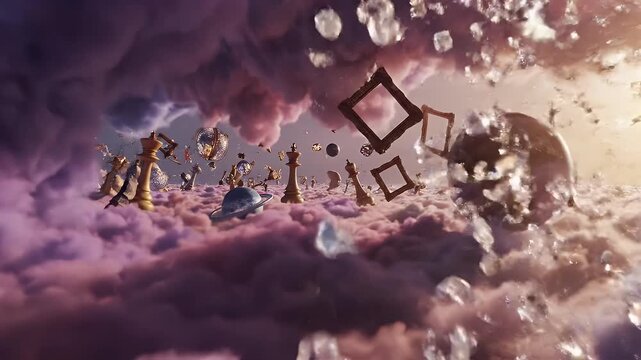 Surreal Dreamscape - Floating Keys, Clocks, and Chess Pieces in the Clouds.