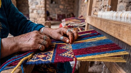 Close up view of an artisan woman's detailed hands weaving a colorful traditional rug or textile pattern using a rustic wooden loom in an authentic cultural setting
