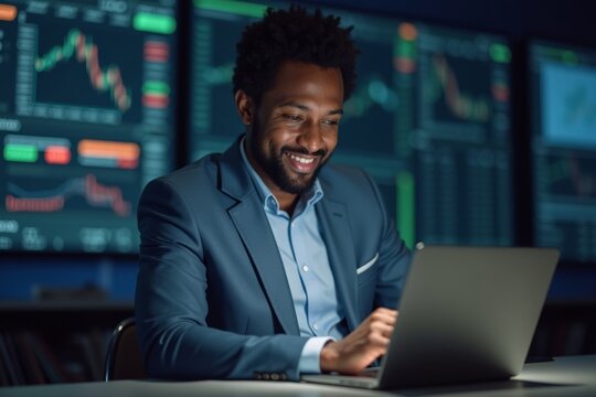 An African American entrepreneur engaging in online stock trading using a tablet and laptop.
