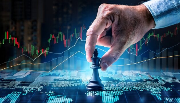 hand placing a pawn on a chessboard made of stock market graphs market strategy decision making in volatile stock markets