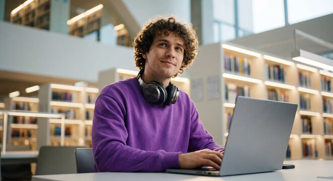 Young student sitting in library with laptop and headphones looking away thoughtfully