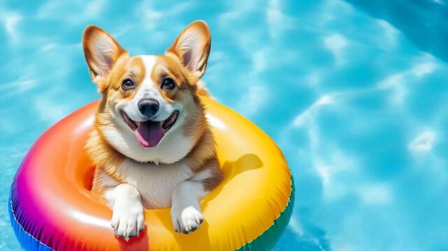 Happy Corgi Dog Floating in Swimming Pool on Inflatable Ring