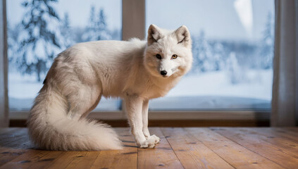 Majestic Arctic Fox in Winter, Pristine White Fox on Wooden Floor Against Snowy Forest Scenery, Wildlife and Nature