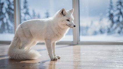Majestic Arctic Fox in Winter, Pristine White Fox on Wooden Floor Against Snowy Forest Scenery, Wildlife and Nature