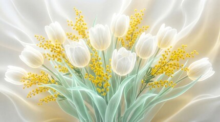Gentle Spring Bouquet of White Tulips and Yellow Mimosa Flowers
