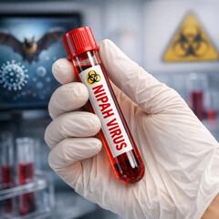 Nipah Virus Research Concept Scientist Holding Contaminated Test Tube with Deadly Bat Borne Henipavirus Pathogen