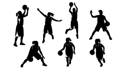 Basketball female silhouettes. Vector images of female basketball silhouettes. JPEG version.