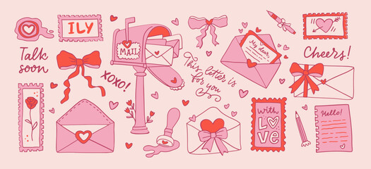 Coquette core set of snail post. Collection of cute cartoon illustration with different romantic love objects. Icon of bows, stamps, mailbox, letters, envelopes, stamp and calligraphy phrases. © Olya Teplota