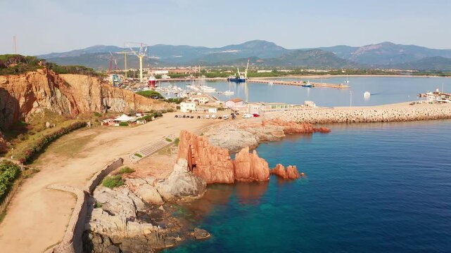 Aerial view of Red Rocks in Arbatax, Tortol&igrave;, Ogliastra, Nuoro, Sardinia, Italy, Europe