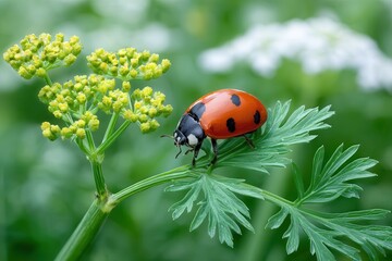 Obraz premium ladybug perched on parsley leaf