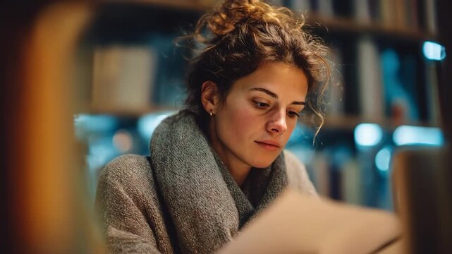 Closeup of a determined learner reviewing flashcards in a cozy winter study session with softly blurred shelves behind.