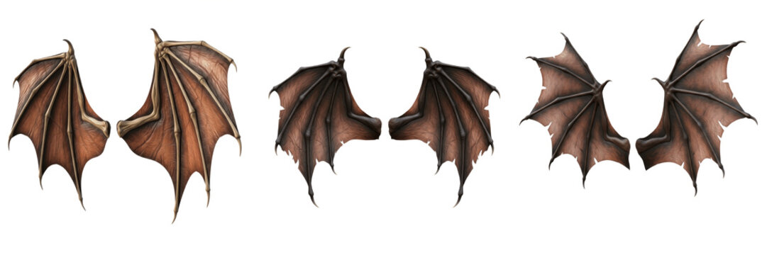 Dragon wings with leather texture isolated on white background, detailed fantasy dragon wings with leathery membrane, mythical creature wings for fantasy art, mythology, gaming, dark magic and creatur