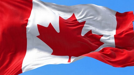 Majestic Canadian flag waving gracefully against a clear blue sky showcasing the iconic red maple leaf symbol fabric texture in the wind