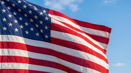 Majestic close up view of the waving american flag fabric texture showcasing stars and red white stripes against a clear bright blue sky background on a sunny day