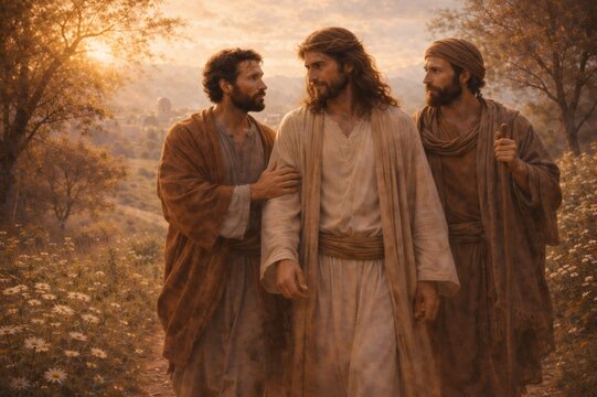Jesus walking with disciples on emmaus road