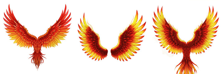 Phoenix wings fiery feather design isolated on white background, mythical fire bird wings with glowing flames, fantasy phoenix wings symbol of rebirth, power and immortality for epic art design © Bagwan