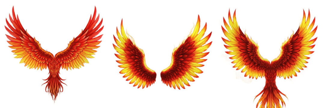 Phoenix wings fiery feather design isolated on white background, mythical fire bird wings with glowing flames, fantasy phoenix wings symbol of rebirth, power and immortality for epic art design