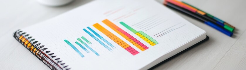 Colorful Bar Graph in Notebook, Analyzed Data and Trends, Minimalist Composition, High Angle Shot, Stationery and Office Supplies, Business Graphics, Data Visualization