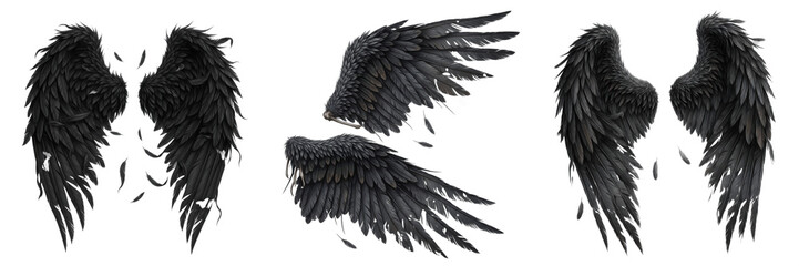 Fallen angel wings tattered feathers isolated on white background, broken angel wings symbol of loss and redemption, dramatic fantasy wings for mythology, gothic art, dark spirituality and emotional d © Bagwan