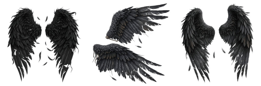Fallen angel wings tattered feathers isolated on white background, broken angel wings symbol of loss and redemption, dramatic fantasy wings for mythology, gothic art, dark spirituality and emotional d