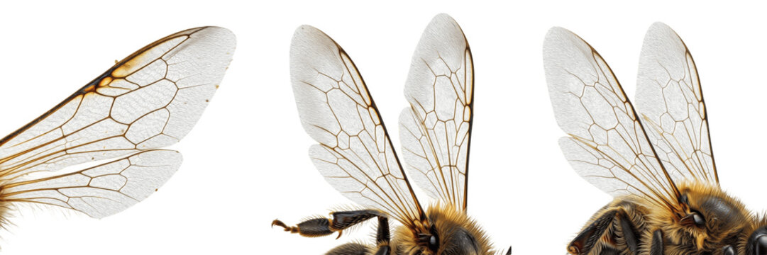 Bee wings close-up isolated on white background, detailed macro view of transparent bee wings showing fine veins, pollinator insect wing anatomy for nature, biology, ecology and science design concept