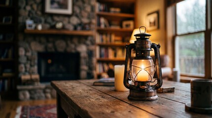 Warm ambient light emanates from an antique kerosene lantern resting upon a rustic wooden table inside a cozy cabin setting