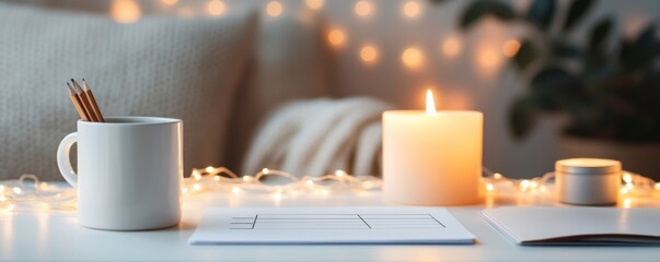 Cozy writing nook Pencils in mug, lit candle, blank sheet music and soft bokeh lights. Inspiring creativity.,cozy,creativity