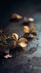 premium macro photo of small dried leaves and flowers on a smooth stone surface, set against a dark, almost black background, soft ambient light creating refined shadows and light reflections.