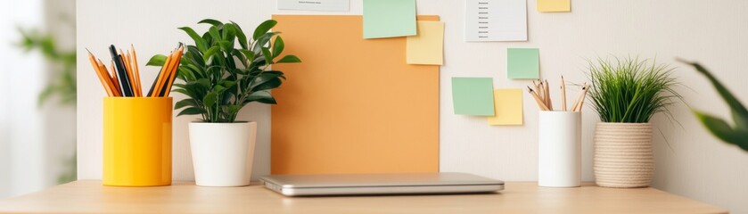 Desk Organization Pencils, plants and notes in a clean, modern workspace. Study, Work From Home