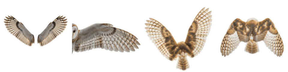 Barn Owl Flight Sequence Wings Spread Motion Study, Heart-Shaped Face and Golden Feathers Isolated on White Background PNG, Tyto Alba Action Set © GadD@