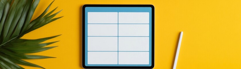 Flat lay Tablet with grid layout, stylus and palm leaf on yellow background. Organize, Design, Mockup, Tech