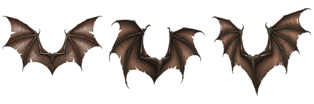 Leather wings fantasy style isolated on white background, dark mythical wings with leathery membrane texture, fantasy creature wings inspired by demons and dragons for gothic and epic design