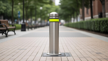 Modern Stainless Steel Retractable Security Bollard on Urban Sidewalk
