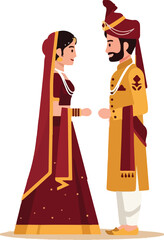 Illustration of a traditional Indian bride and groom standing facing each other in formal attire with a white background.