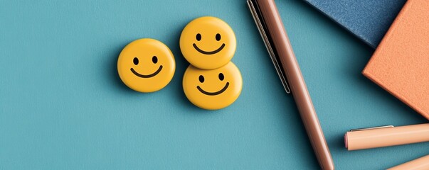 Smiling Faces and Stationery A Cheerful Desk Composition. Joy, Positivity, Office, Flatlay