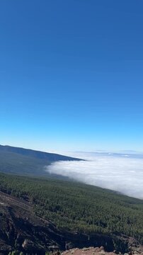 Teide volcano landscape, snow-capped mountain peak above pine forest and volcanic terrain, clear blue sky, Tenerife travel destination with wide copy space.