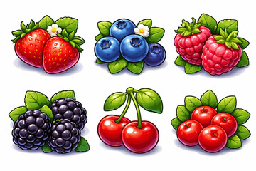 Fresh colorful berries collection featuring strawberries, blueberries, raspberries, blackberries, cherries