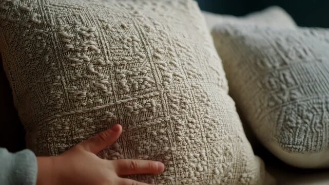 Close medium shot of a childs hands exploring tactile cushions with raised patterns while calming muted walls remain out of focus.