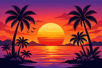 Fototapeta premium Tropical sunset ocean scene with palm trees silhouette and colorful sky